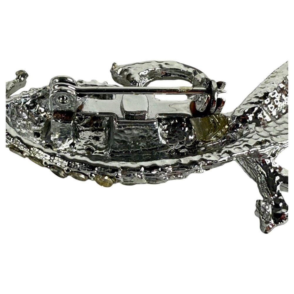 Rhinestone Bird On Tree Branch Brooch Pin With Red Eye & Silver Finish - Picture 6 of 7